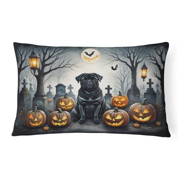 16 x 12 in. Unisex Black Pug Spooky Halloween Fabric Decorative Pillow