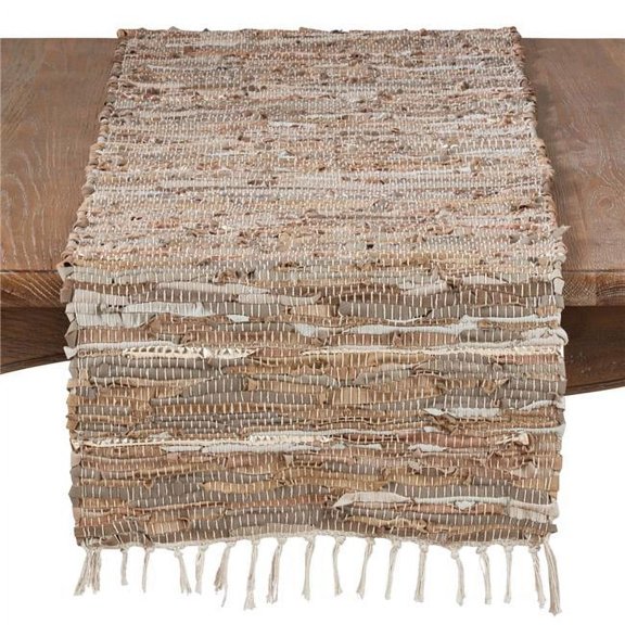 16 x 120 in. Chindi Design Leather & Cotton Table Runner, Natural