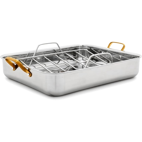 16" x 13" Tri-Ply Stainless Steel Roasting Pan with Roaster Rack, Multiclad Cookware, Induction Suitable, Gold Stainless Steel Handles, Dishwasher & Oven Safe, Silver