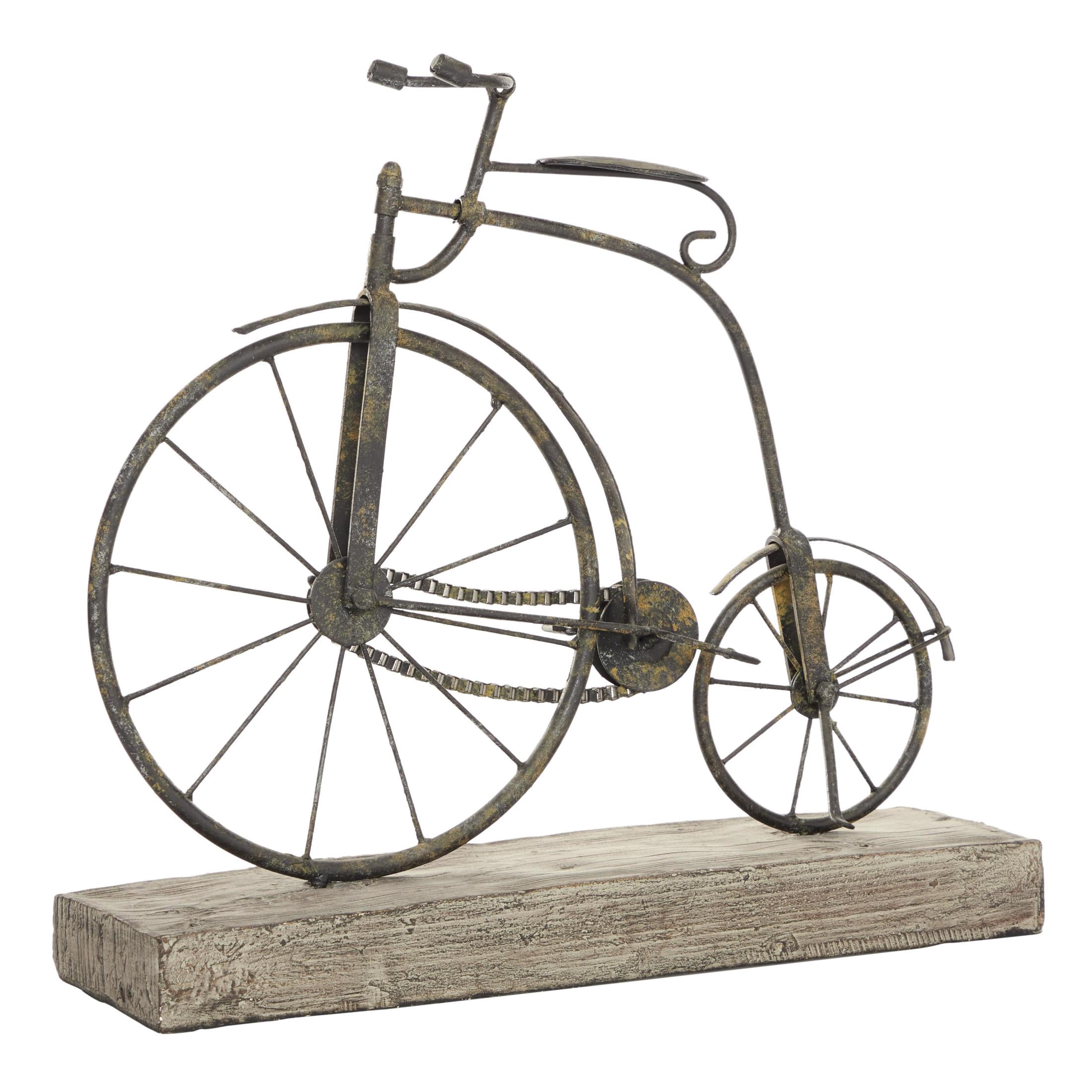 16" x 14" Black Metal Weathered Vintage Bike Sculpture with Wood Block Base, by DecMode