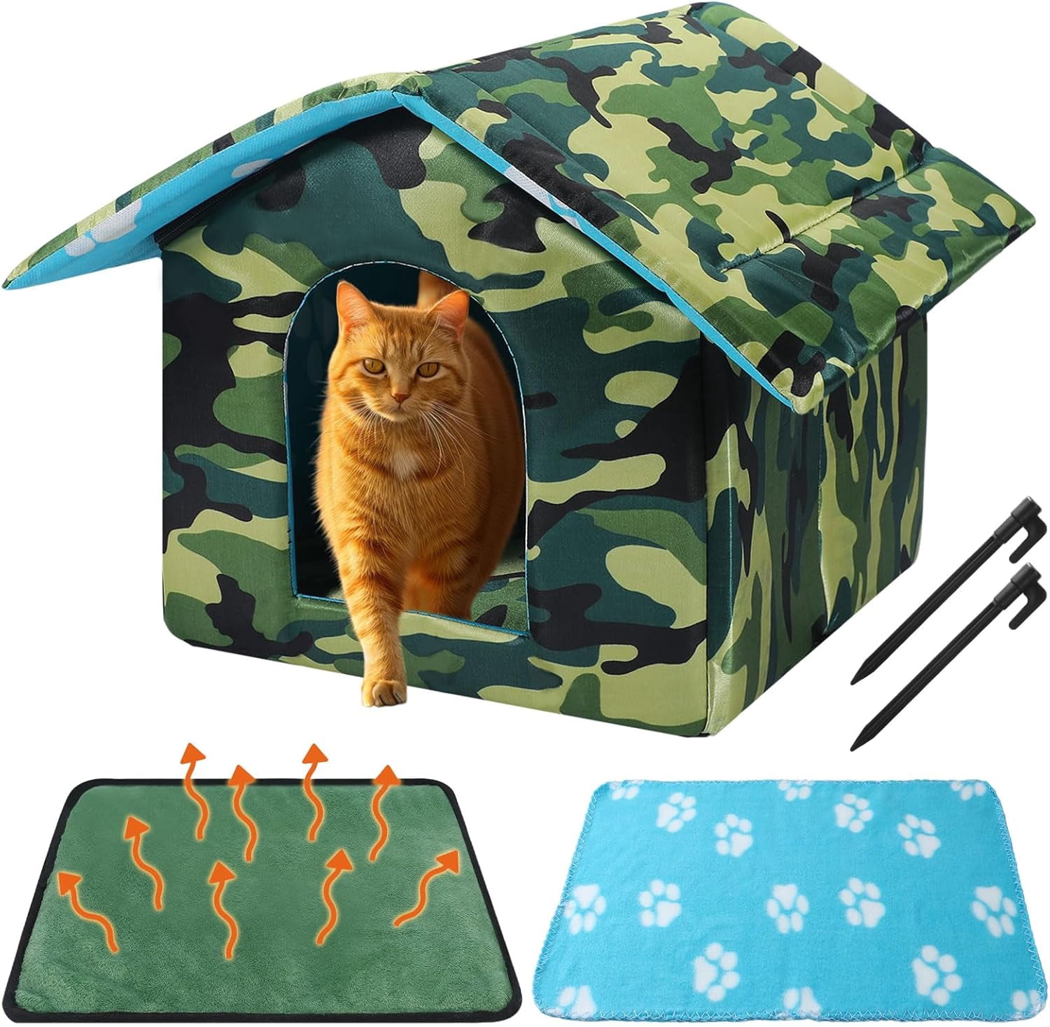 16" x 15" x 14 Outdoor Cat House for Winter Weatherproof Feral Pet Shelter for Cats Dog Collapsible Outside Green Camouflage Pet House with Self Warming Pad Blanket 3 Tent Stake(M Size)