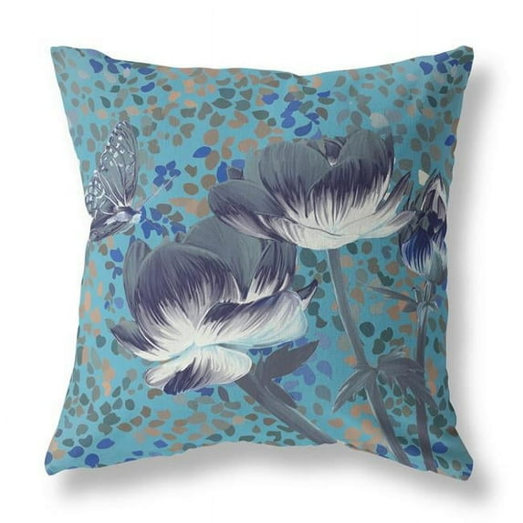 HomeRoots 16" x 16" Blue, Green Butterfly Blown Seam Floral Indoor Outdoor Throw Pillow