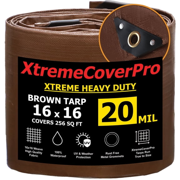 16' x 16' Brown Super Ultra Heavy-Duty Tarp – 20 Mil Waterproof & UV-Resistant 16x16 - Large Outdoor Tarp, Waterproof Cover for Rain Camping, Tent, UV Protection, Reinforced Corners