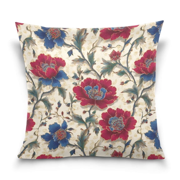 16" x 16" Decorative Throw Pillow Soft Double Sided Printed Pillow Cover Decorative with Hidden Zipper Red and Indigo Blue Flowers