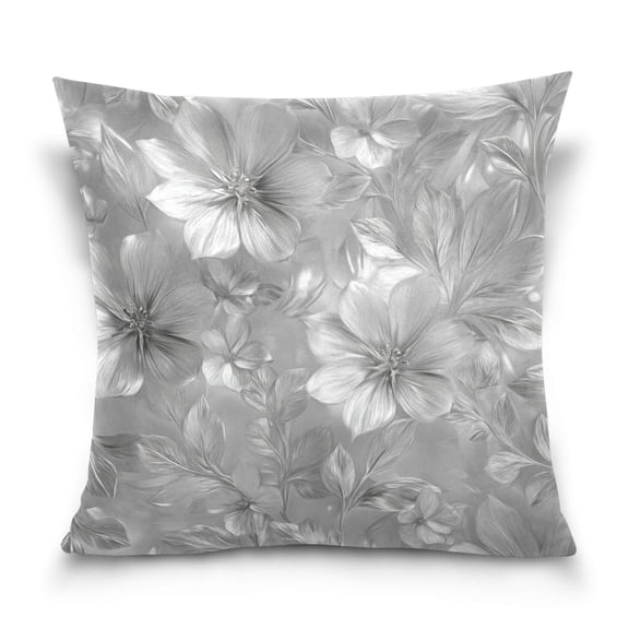 16" x 16" Decorative Throw Pillow Soft Double Sided Printed Pillow Cover Decorative with Hidden Zipper Silver Metal Flower Pattern