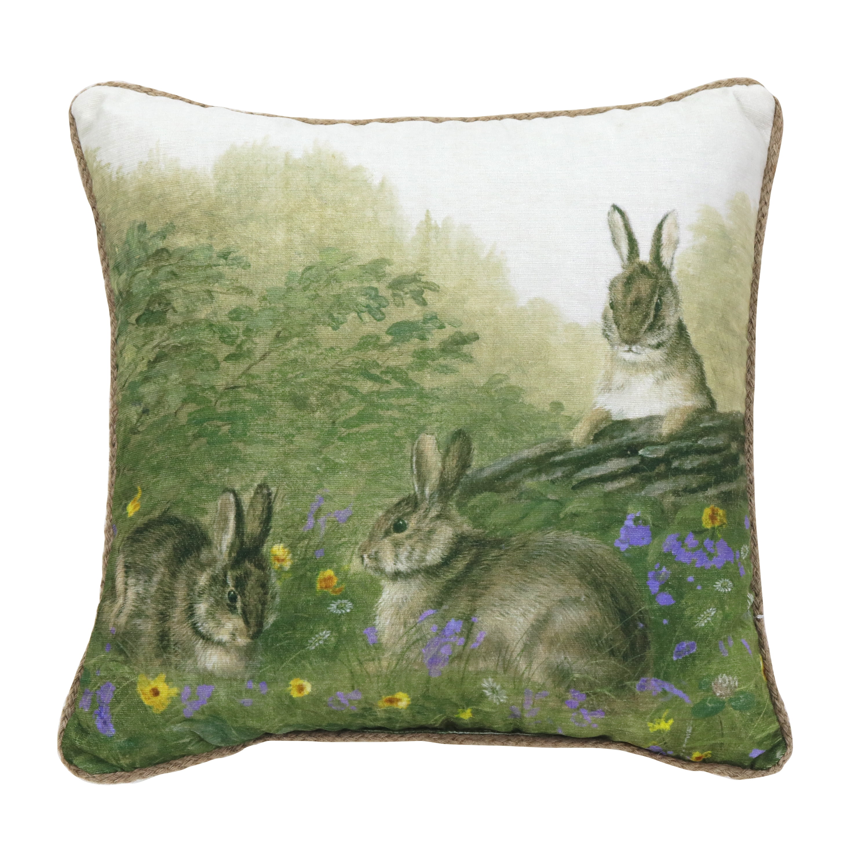 16" x 16" Green and White Cotton Forest Bunny Pillow