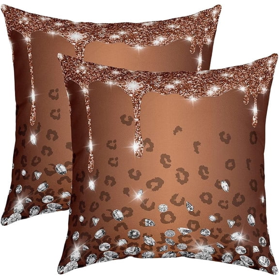 16 x 16-Inch Glitter Print (No Glitter) Diamond Leopard Square Cushion Covers Set of 2 Coffee Silver Shiny Animals Reversible Throw Pillow Covers Luxury Colorful Bling Pillow Covers Home Decor