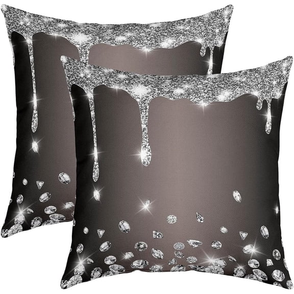 16 x 16-Inch Glitter Print (No Glitter) Diamond Square Cushion Covers Set of 2 Deep Grey Silver Shiny Reversible Throw Pillow Covers Luxury Texture Colorful Bling Pillow Covers Home Decor