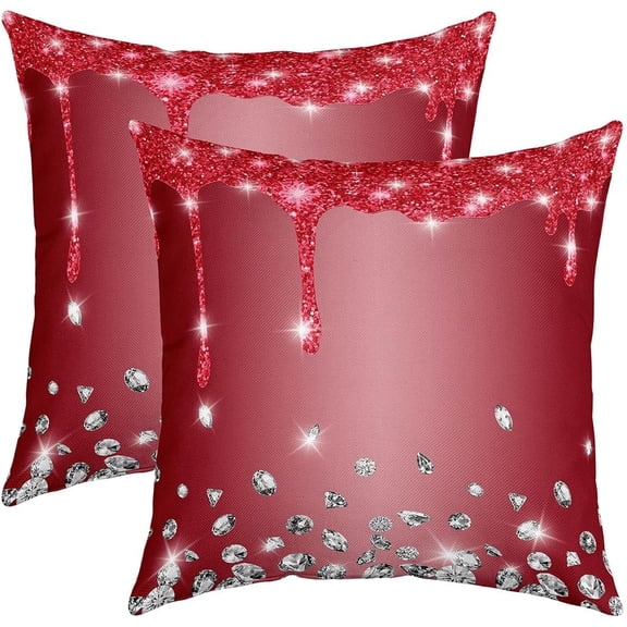 16 x 16-Inch Glitter Print (No Glitter) Diamond Square Cushion Covers Set of 2 Red Silver Shiny Reversible Throw Pillow Covers Women Men Luxury Texture Colorful Bling Modern Pillow Covers Home Decor