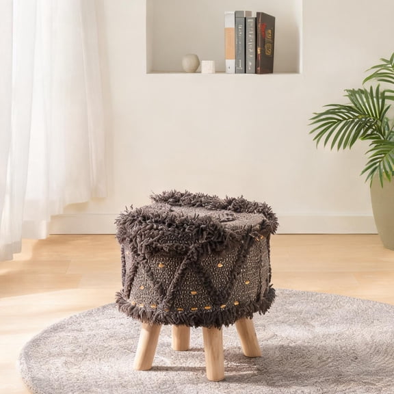 16 x 16 Inch Handcrafted Square Ottoman Foot Stool, Bohemian Wood-Tone Brown Wool Upholstery