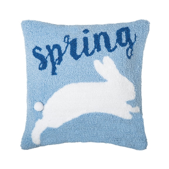 "Spring" Jumping Easter Bunny Rabbit Blue Hooked Accent Throw Pillow 16" x 16"