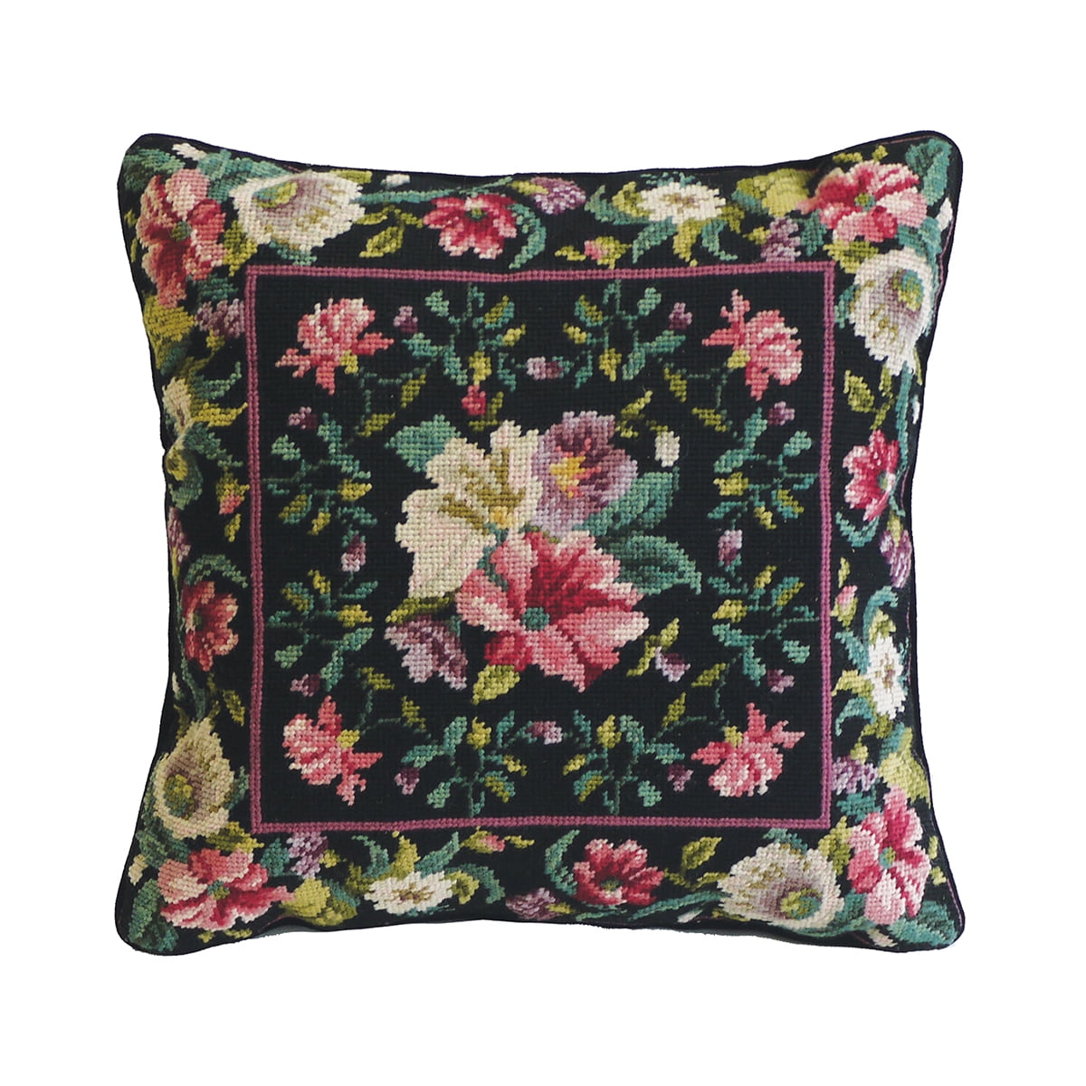 16" x 16" Mauve Line on Black Needlepoint Pillow
