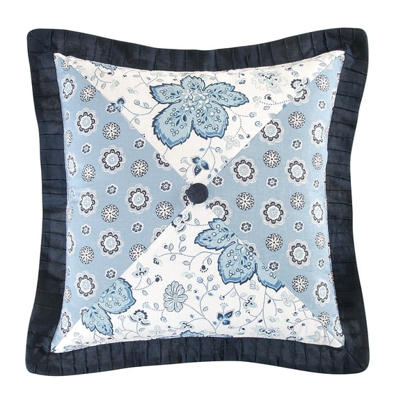 Navy With Button Embroidered Throw Pillow, 16" x 16"