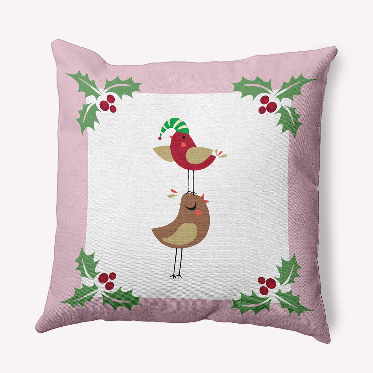 16" x 16" Simply Daisy Christmas Birds Polyester Indoor/Outdoor Pillow, Light Pink Qty 1