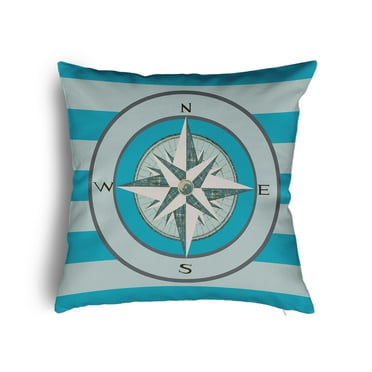 16" x 16" Simply Daisy Compass on Stripes Poly Pillow with Zipper, Carribbean Turquoise Qty 1