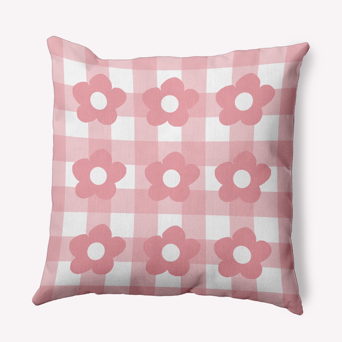 Pink Icing Gingham Floral Reversible Square Throw Pillow