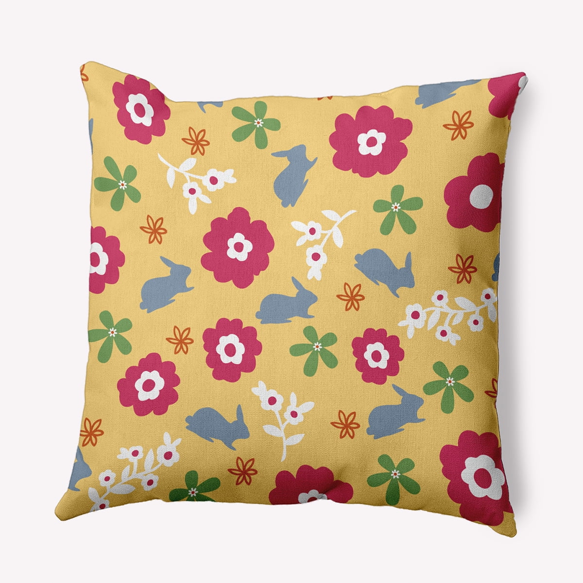 16" x 16" Simply Daisy Flowery Love Bunnies Easter Indoor/Outdoor Pillow, Daffodil Yellow-Blue Qty 1