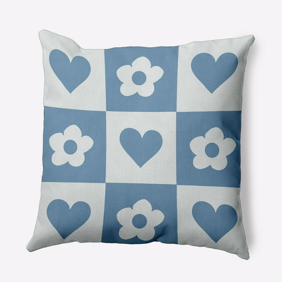 16" x 16" Simply Daisy Heart And Flowers Grid Polyester Indoor/Outdoor Pillow, Chambray Qty 1