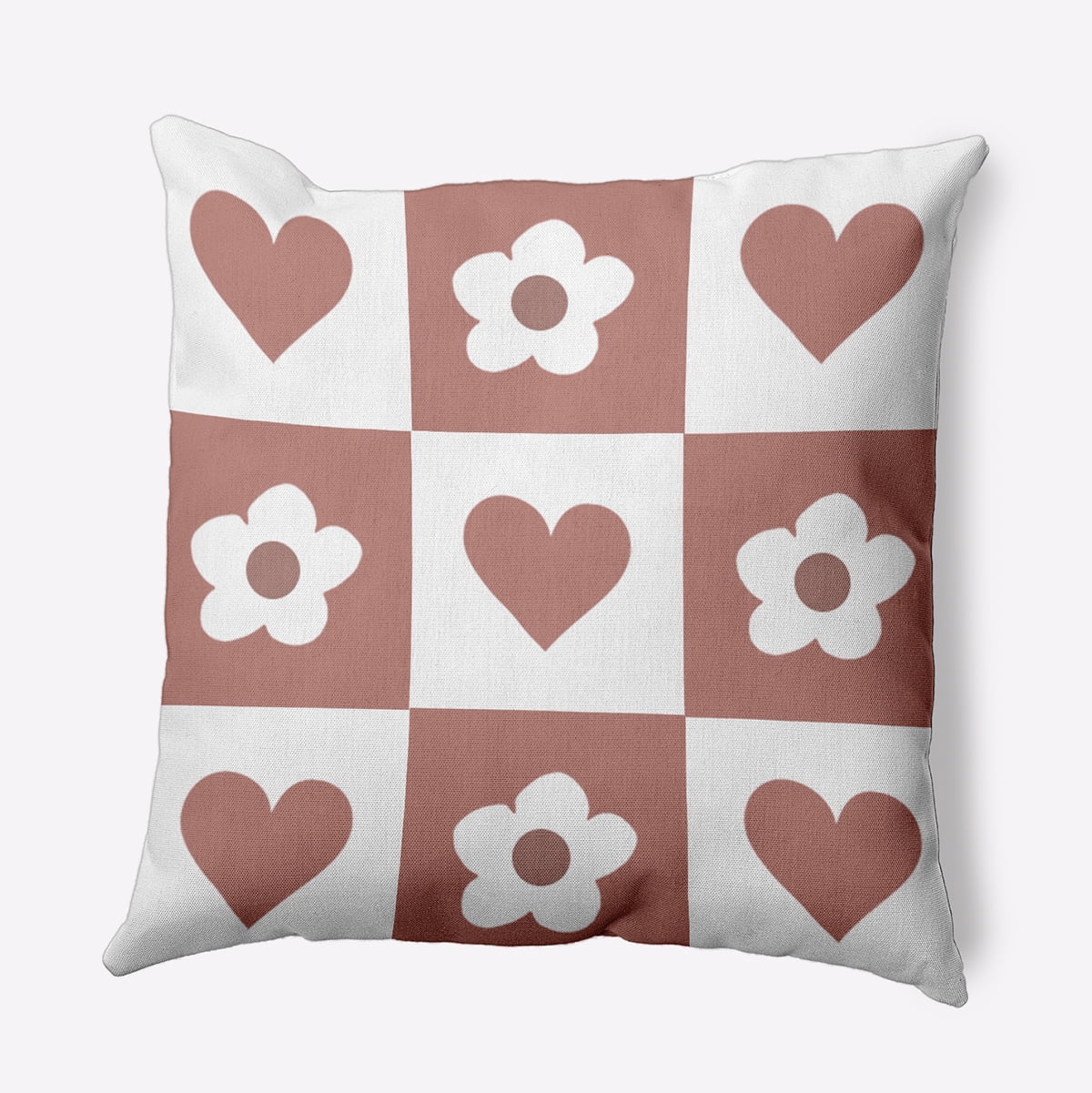 16" x 16" Simply Daisy Heart And Flowers Grid Polyester Indoor/Outdoor Pillow, Rusty Mauve Qty 1