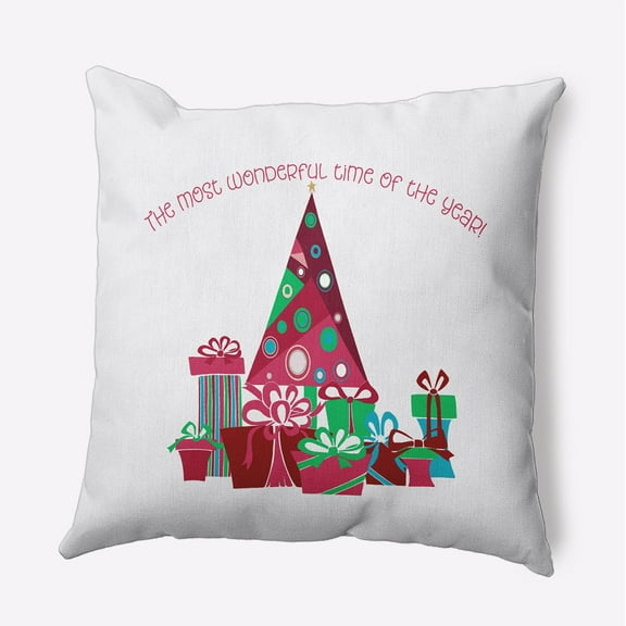 16" x 16" Simply Daisy Tree and Gifts Polyester Indoor/Outdoor Pillow, Holiday Pink Qty 1