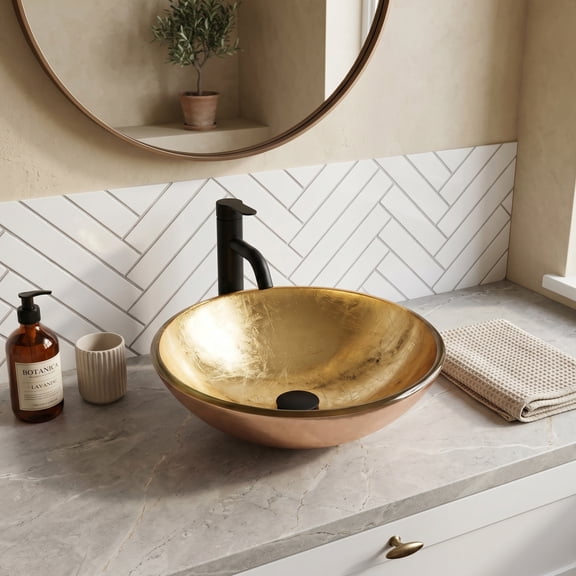 16" x 16" Tempered Black Rim Gold Basin Round Above Counter Vessel Bathroom Sink/Lavatory Vanity Bowl Basin