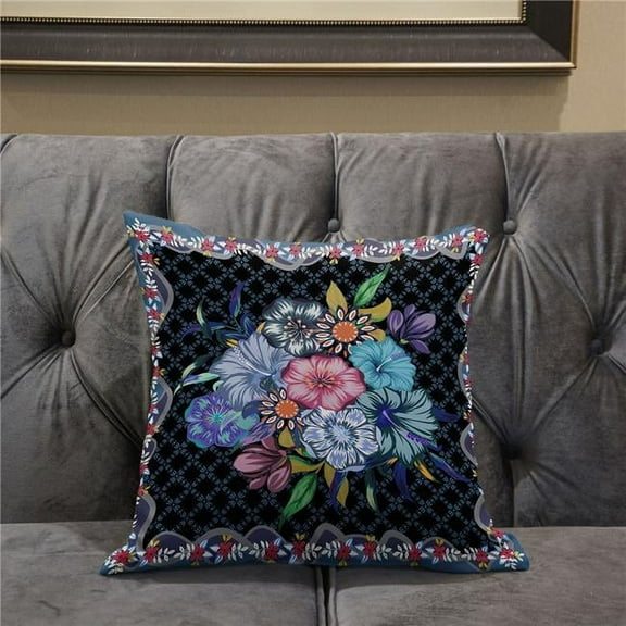 16 x 16 in. Blown Seam Broad Cloth Floral Throw Pillow, Black & Blue