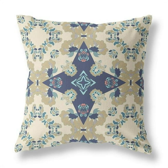 16 x 16 in. Broad Cloth Floral Throw Pillow, Cream & Blue