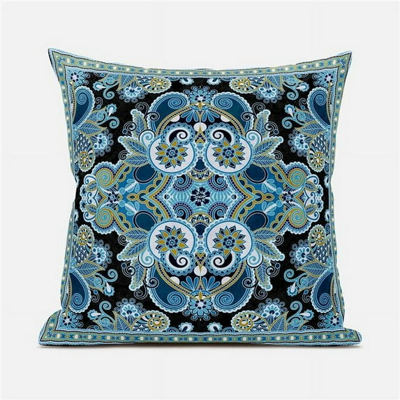 16 x 16 in. Floral Paisley Suede Blown & Closed Pillow - Black, Blue & Yellow