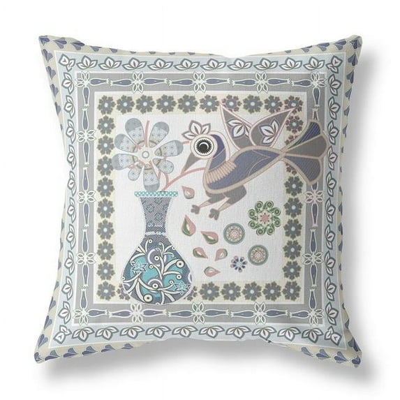 16 x 16 in. Gray Peacock Blown Seam Floral Indoor & Outdoor Throw Pillow