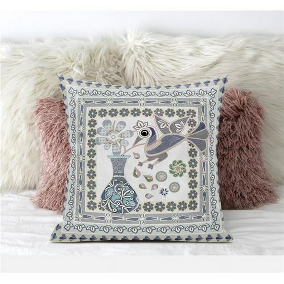 16 x 16 in. Love Your Vase Peacock Suede Blown & Closed Pillow - Grey & Muted Green
