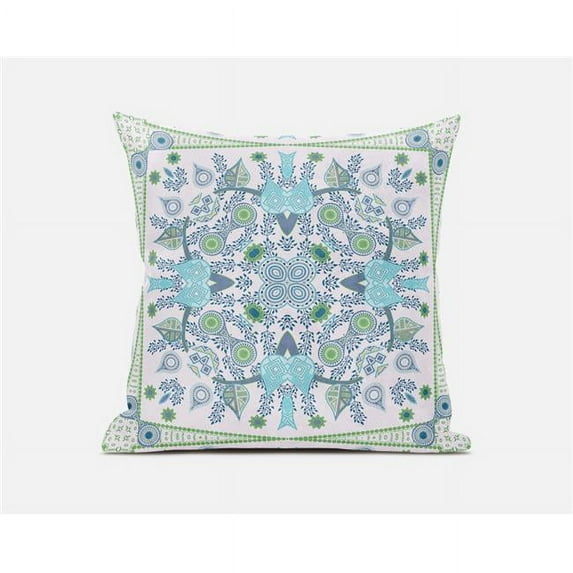 16 x 16 in. Paisley Leaf Geo Broadcloth Indoor & Outdoor Zippered Pillow - White, Light Blue & Green