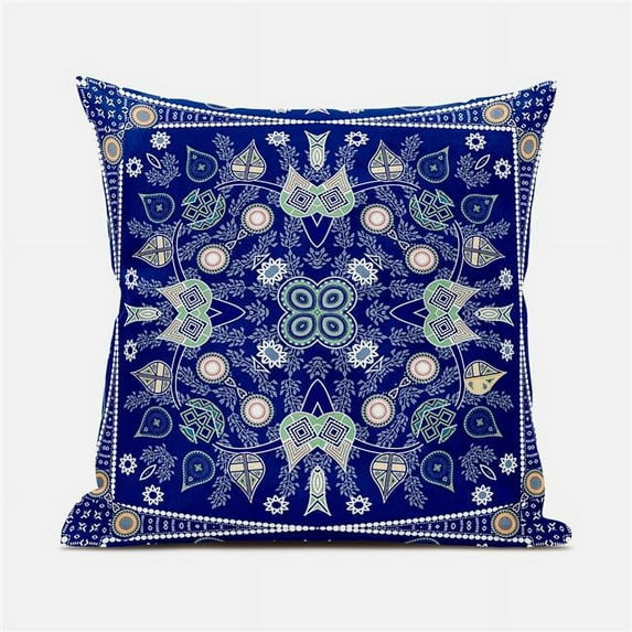 16 x 16 in. Paisley Leaf Geo Duo Suede Blown & Closed Pillow - Midnight Blue, Beige & White