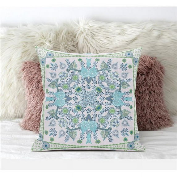 16 x 16 in. Paisley Leaf Geo Suede Blown & Closed Pillow - White, Light Blue & Green