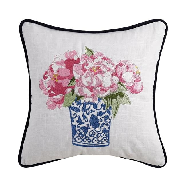 Pink Embroidered Cotton Flower Square Pillow 16x16 Inch