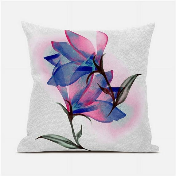 16 x 16 in. Waterflower Suede Blown & Closed Pillow - White, Pink & Blue