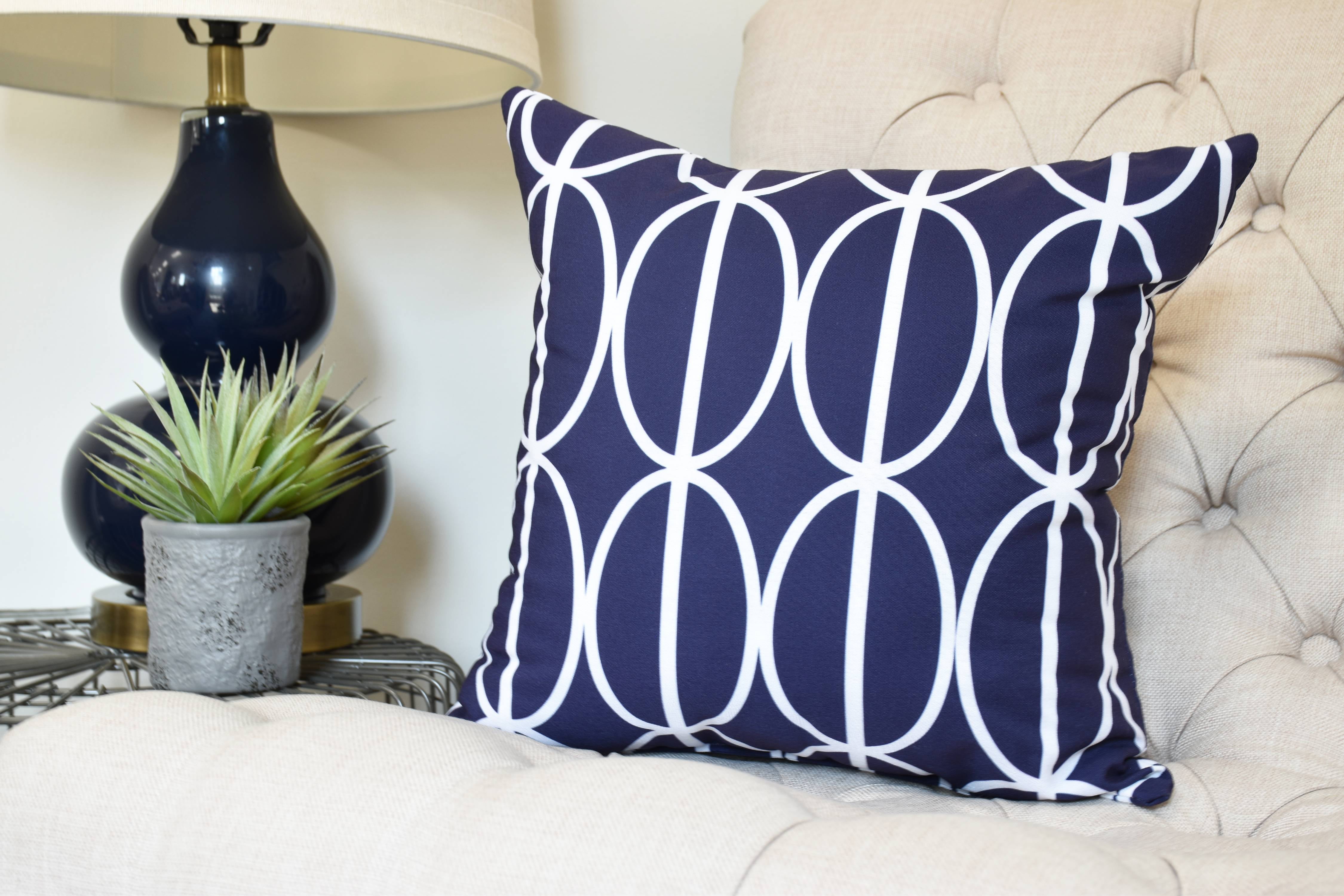 Navy Blue and White Geometric Print Polyester Throw Pillow, 16" x 16"