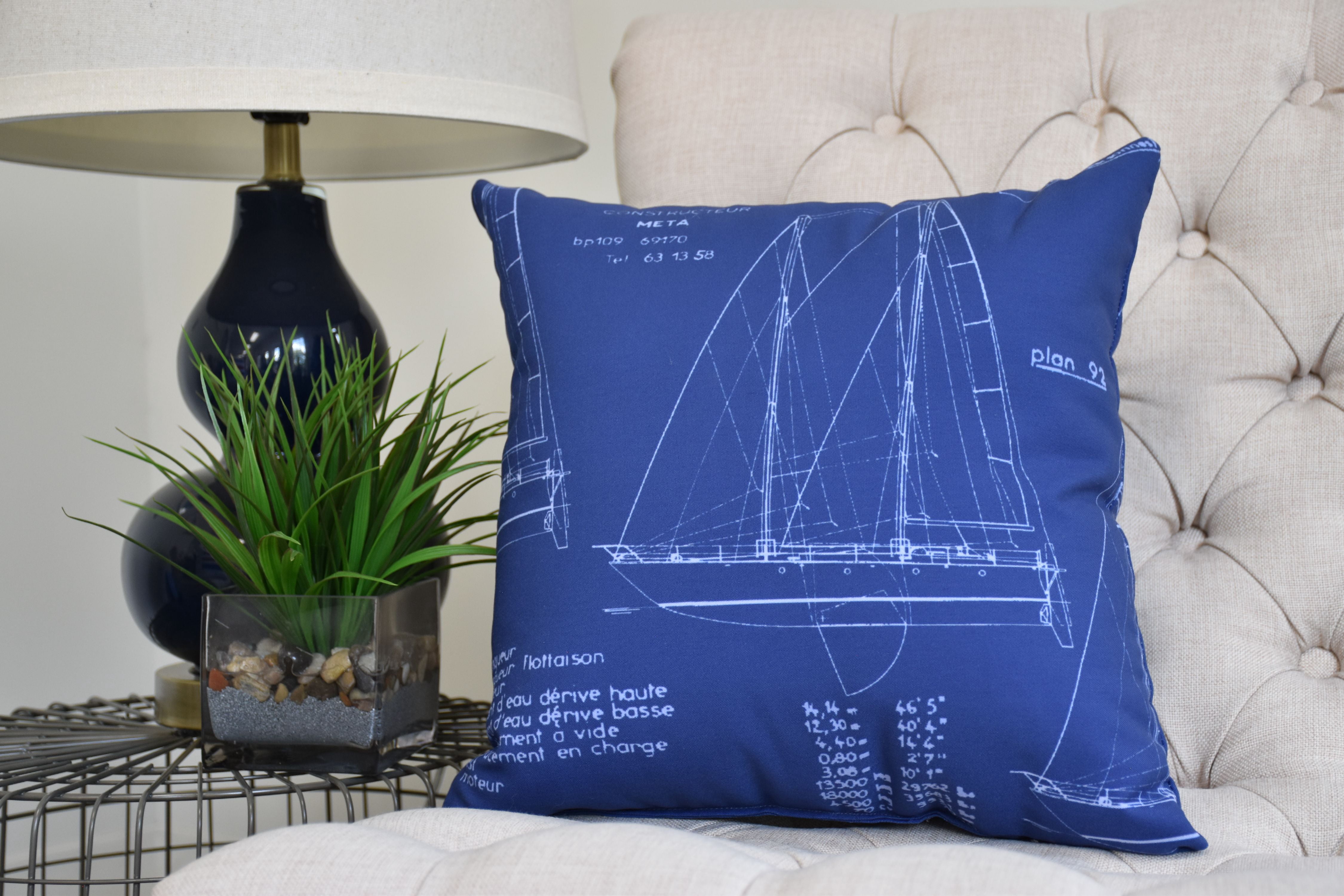 16 x 16 inch, Sail Plan, Geometric Print Pillow, Blue Print Blue