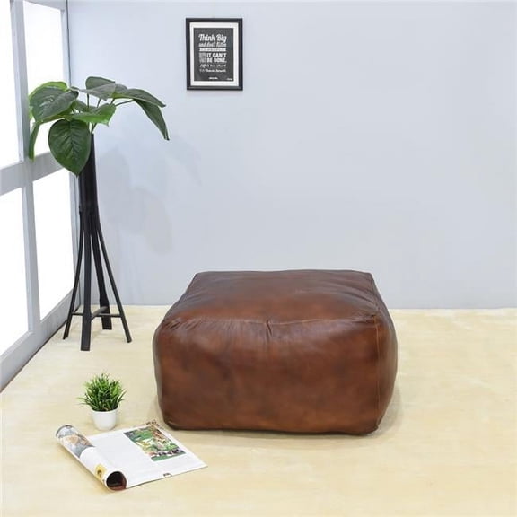 16 x 16 x 16 in. Recycled Foam Solid Handmade Leather Square Ottoman Pouf with Fibre Fill, Brown