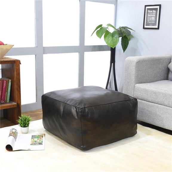 16 x 16 x 16 in. Recycled Foam Solid Handmade Leather Square Ottoman Pouf with Fibre Fill, Chocolate Brown