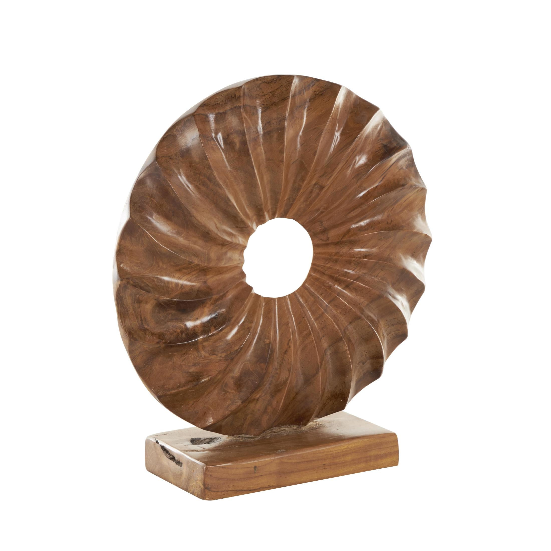 16" x 17" Brown Teak Wood Handmade Dimensional Circular Sun Sculpture with Center Cutout, by DecMode