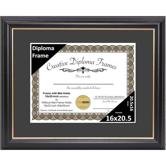 16" x 20.5" Rockefeller Black w/Gold Rim Diploma Frame, Displays 16" x 20.5" Certificate or 18" x 22" Document w/o Mat, College Degree Frame, Full-Strength Glass, Black Mat