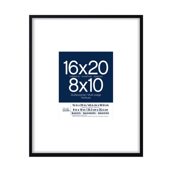 Studio Decor 16" x 20" Basics Black Multipurpose Picture Frame With Mat - Includes Pre-attached Hanging Hardware, Horizontal or Vertical Display - 1 Pack