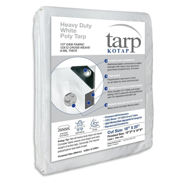 KOTAP 16 x 20 Ft. Heavy-Duty Protection/Coverage Tarp, Superior Weave, 8-mil, Multi-Use, Waterproof, White, TRW-1620