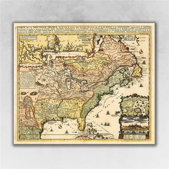 16 x 20 in. Vintage 1718 Map of New France Multi Color Wall Art