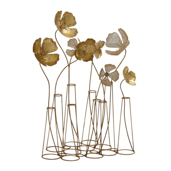 16" x 21" Gold Metal Floral Sculpture with Wire Vases and Mesh Netting Detail, by DecMode