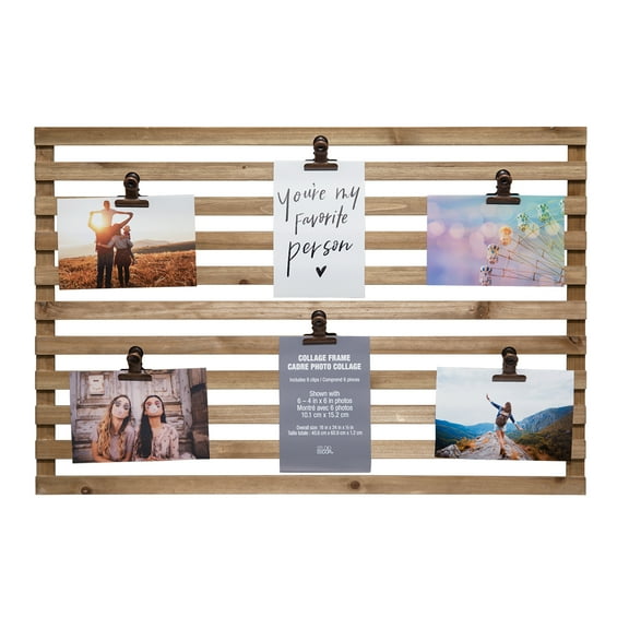 16" x 24" Brown 6-Opening Grid Board Collage Picture Frame with Clips by Studio Decor - Rustic - Vintage Wood Frame Holds 6 Photos - 1 Pack