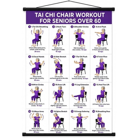 16" x 24" Chair Tai Chi Exercise Poster for Seniors, 16 Seated Tai Chi Movements for Balance, Flexibility & Mobility, Beginner Workout Chart & Instructional Wall Guide