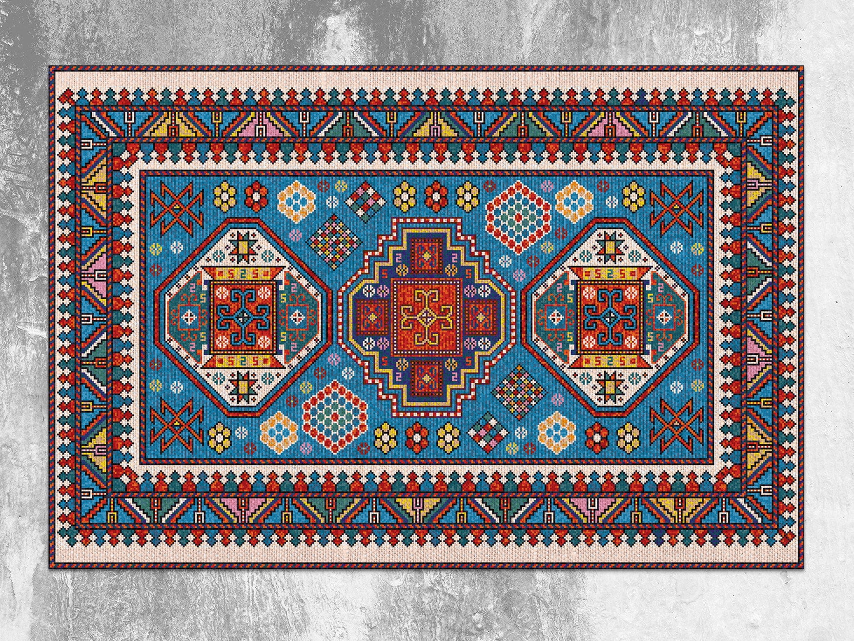 16" x 24" Colorful Mosaic Mat, Blue Rug, Orange Linoleum Rug, Oriental Floor Mat, Floor Mat