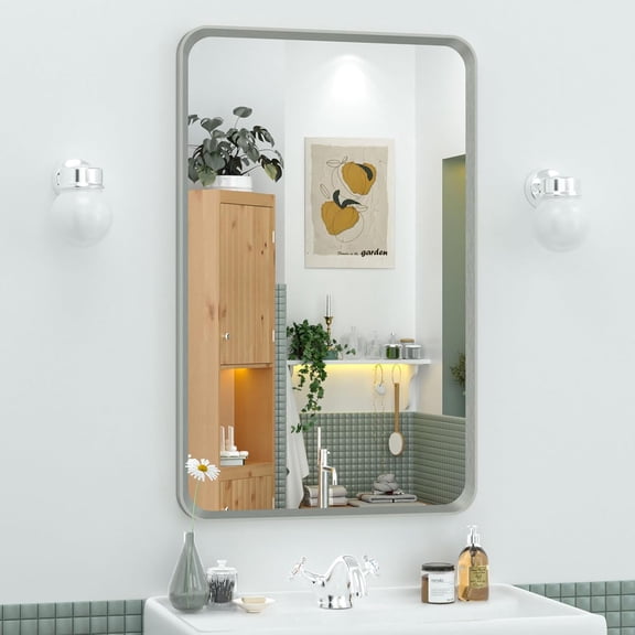 16 x 24 Inch Rounded Rectangle Beveled Bathroom Mirror with Brushed Nickel Frame and HD Glass