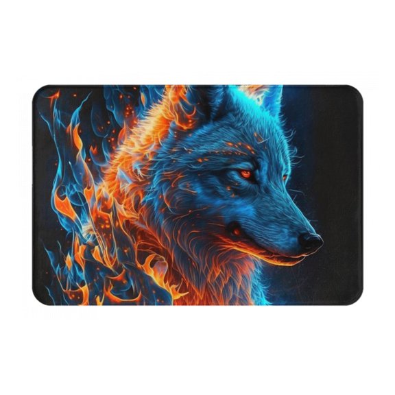 16" x 24" Non-Slip Flannel Doormat Indoor Entry Rug, Kitchen Floor Mat for Front Door, Laundry, Bedroom, Blue Fire Flaming Wolf Cool